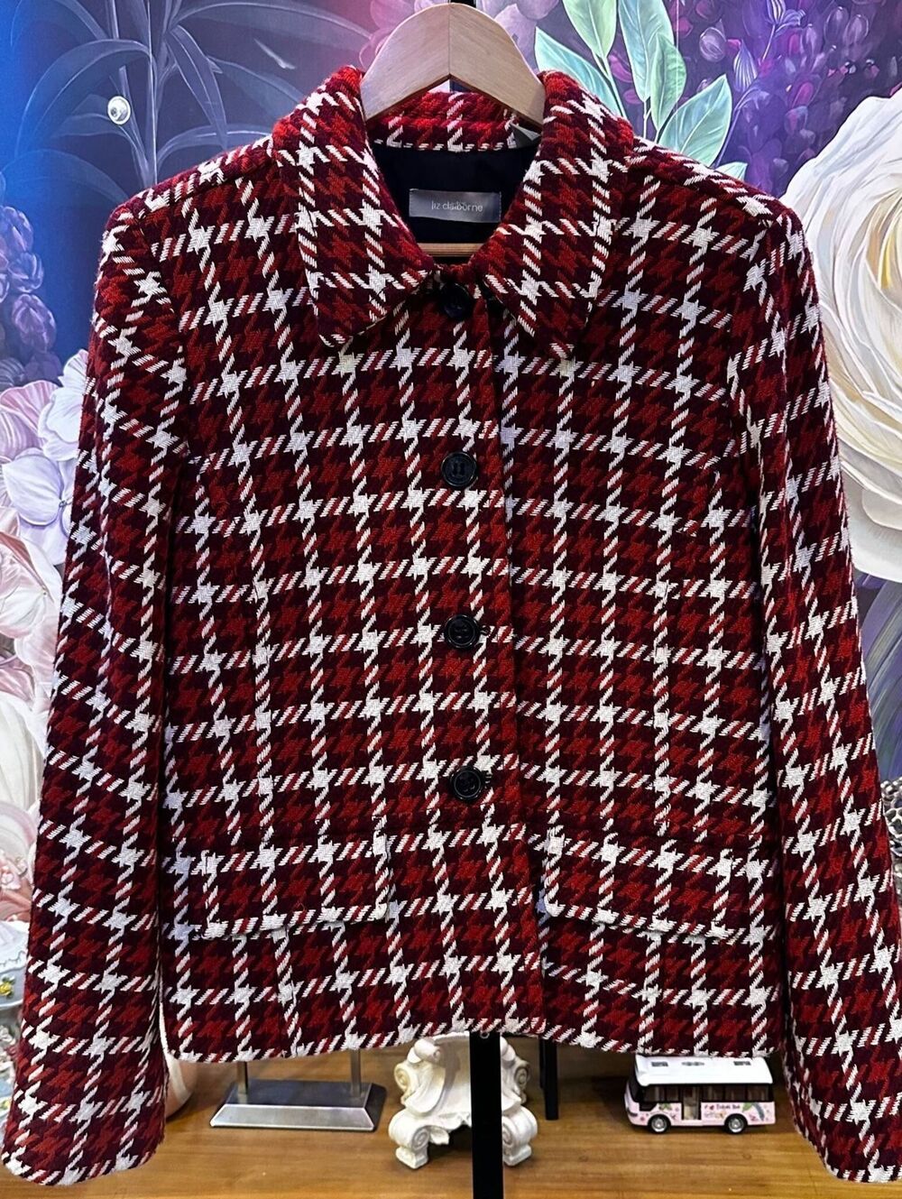 Liz Claiborne XL Houndstooth Wool Blend Blazer Preppy Academia Classic Red White